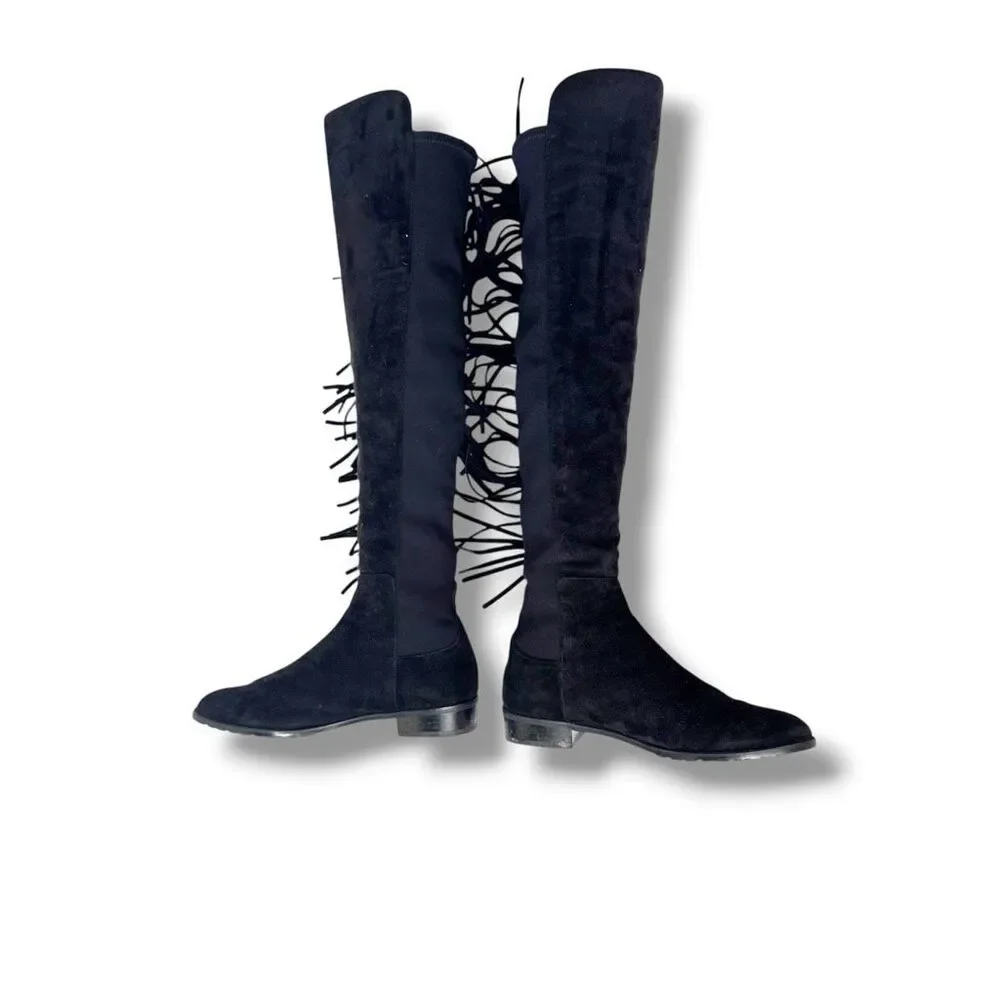 Stuart Weitzman Mane Fringe Suede Over-The-Knee Boots Black Western Size 8 M